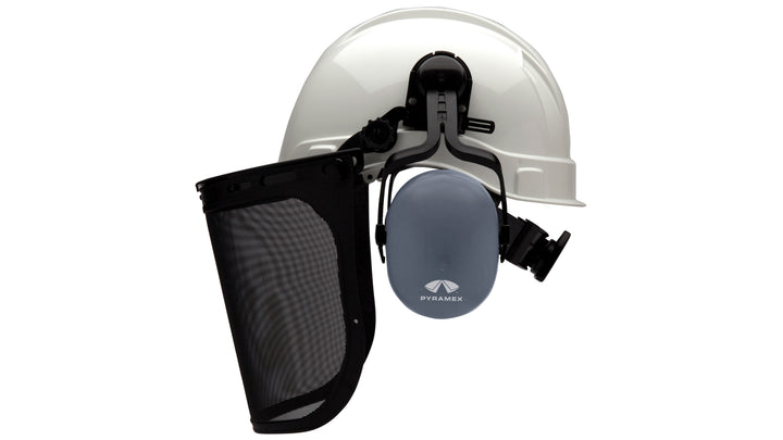 Pyramex - Forestry Kit - Kit contains the essentials for forestry workers. Includes Ridgeline cap style hard hat, wire mesh faceshield (S1060), cap mounted earmuff (CM6010), and Ridgeline cap style adapter (HHABCMR).