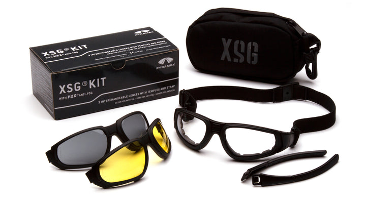 Pyramex - XSG - Black Frame/Clear Ballistic, Gray Ballistic and Amber Ballistic interchangeable anti-fog lenses. Black Ballistic nylon case for storage. Interchangeble temples included.